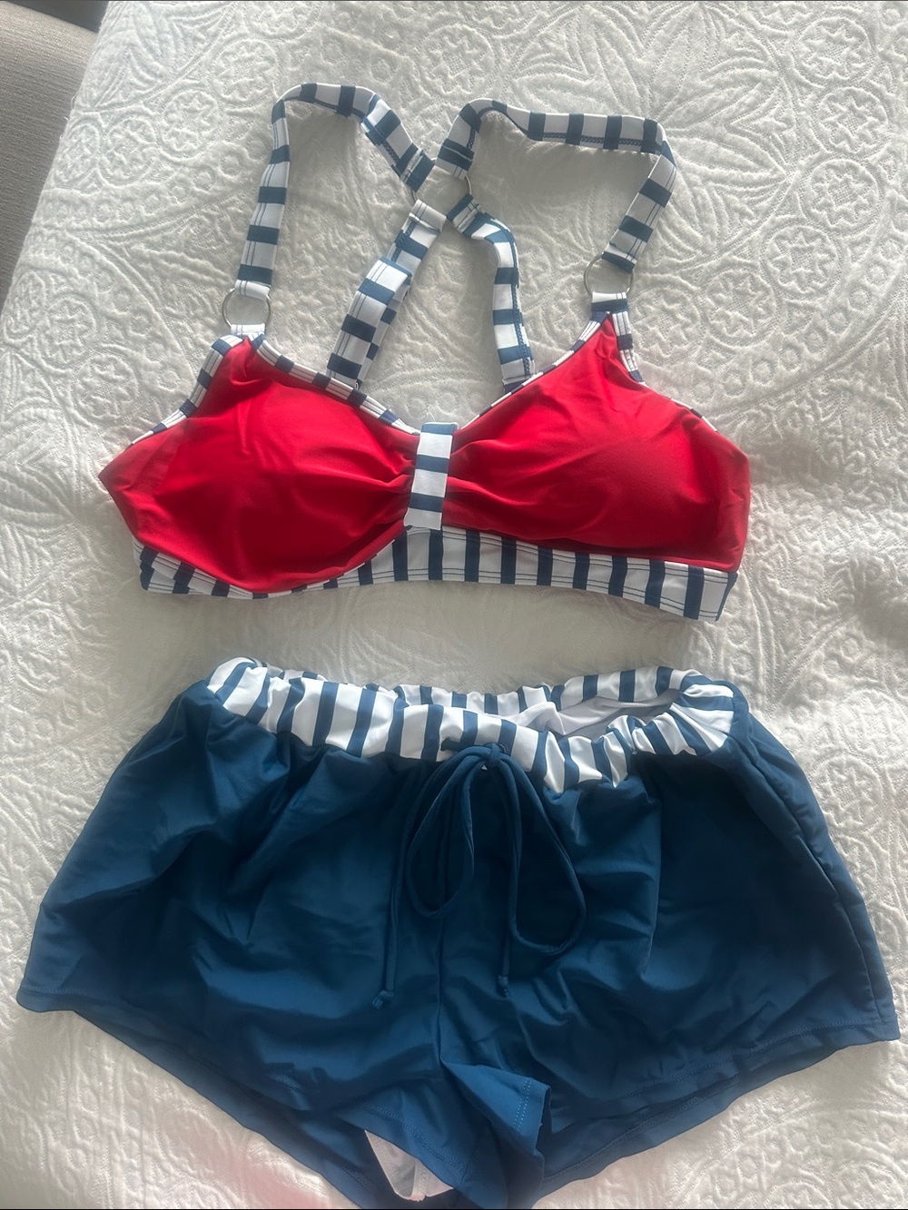 Red & Navy Striped Two-Piece Swim Set